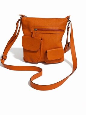 Laurent Effel St Barth Orange Leather Crossbody Bag Multi Pocket Boho Travel